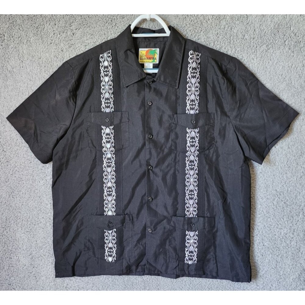 Haband Guayabera Black White Embroidered Snap Button Short Sleeve Shirt Size L